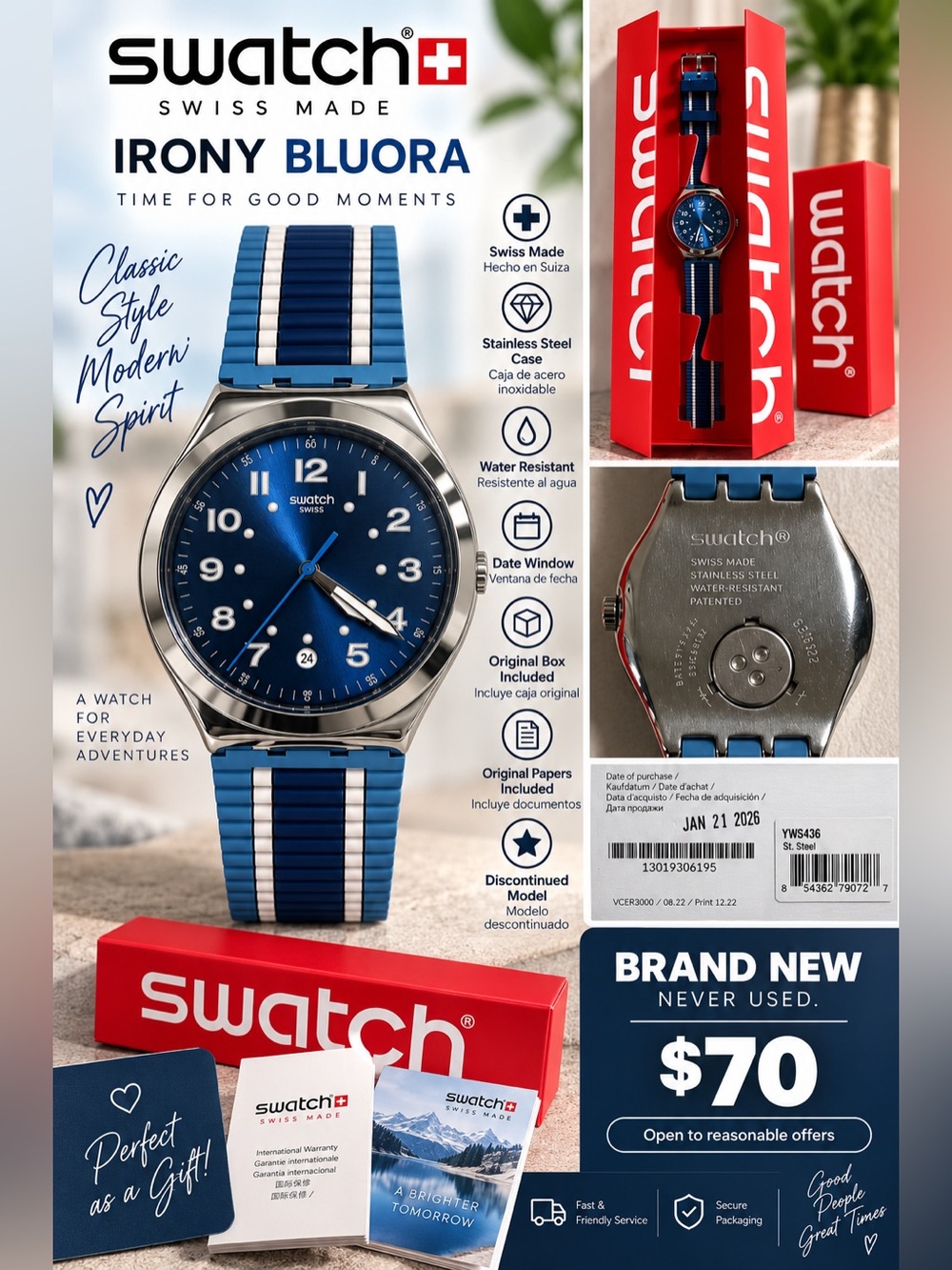 Swatch Irony Bluora Blue and White Stainless Steel Watch